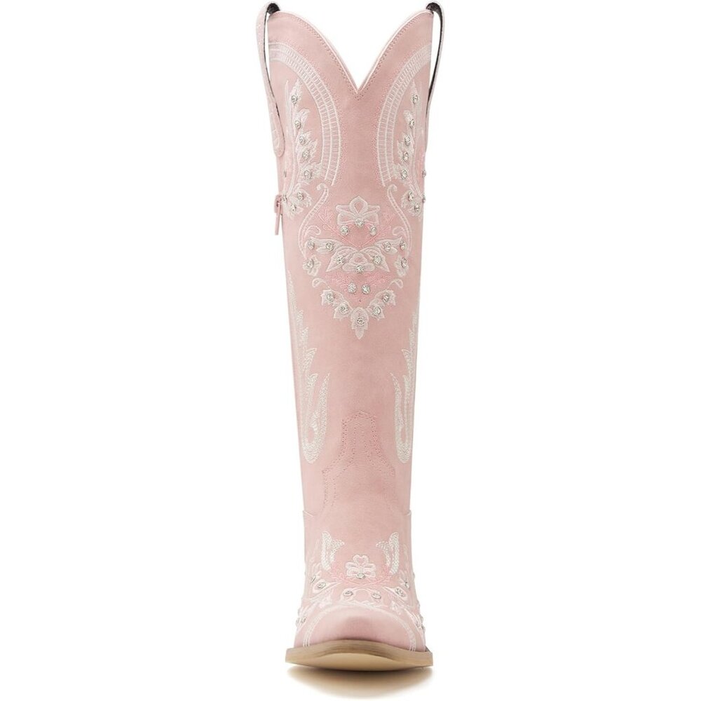 Women's Pink Embroidered Rhinestones Knee High Cowgirl Boots Pointed Toe - Picture 4 of 7
